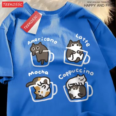 Camiseta holgada de manga corta de verano a la moda de algodón puro con café de gato