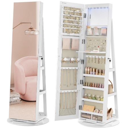 SONGMICS Espejo Joyero con 6 LEDs, Armario de Joyas de Giro de 360°, Organizador de Joyería Giratorio, sin Marco, Espejo Completo, 3 Estantes, Superficie Blanco, Forro Greige JJC007W02