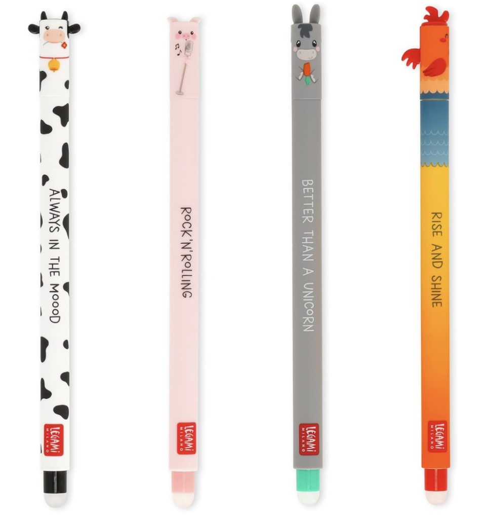 Legami - Set de 4 bolígrafos de gel borrable Farm Sweet Farm, bolígrafos con tinta borrable termosensible, negro, rosa, verde, rojo, borra sin consumir la hoja, punta de 0,7 mm